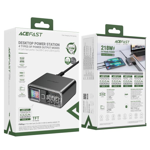PC barošanas stacija PD 218W GAN ar 4 portiem 3x USB-C + USB-A Grey