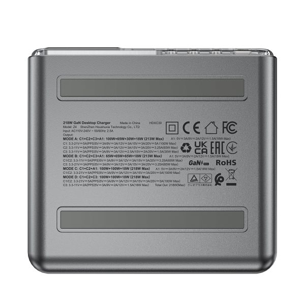 PC barošanas stacija PD 218W GAN ar 4 portiem 3x USB-C + USB-A Grey
