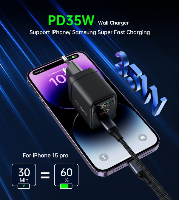 Maza spēcīga GAN 2X USB-C PD 35W GAN lādētājs ar melnu displeju