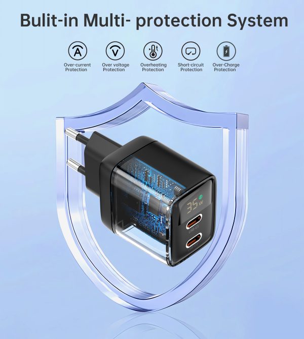 Maza spēcīga GAN 2X USB-C PD 35W GAN lādētājs ar melnu displeju