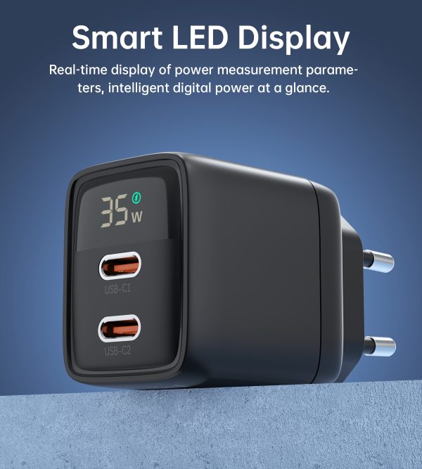 Maza spēcīga GAN 2X USB-C PD 35W GAN lādētājs ar melnu displeju