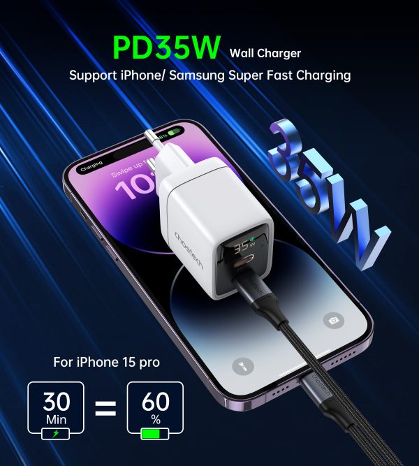 Maza spēcīga GAN 2X USB-C PD 35W GAN lādētājs ar baltu displeju