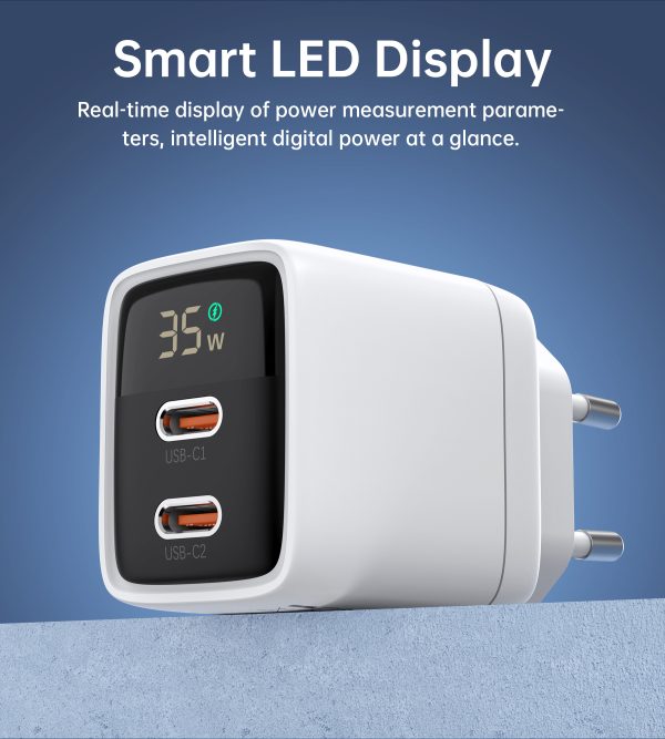 Maza spēcīga GAN 2X USB-C PD 35W GAN lādētājs ar baltu displeju