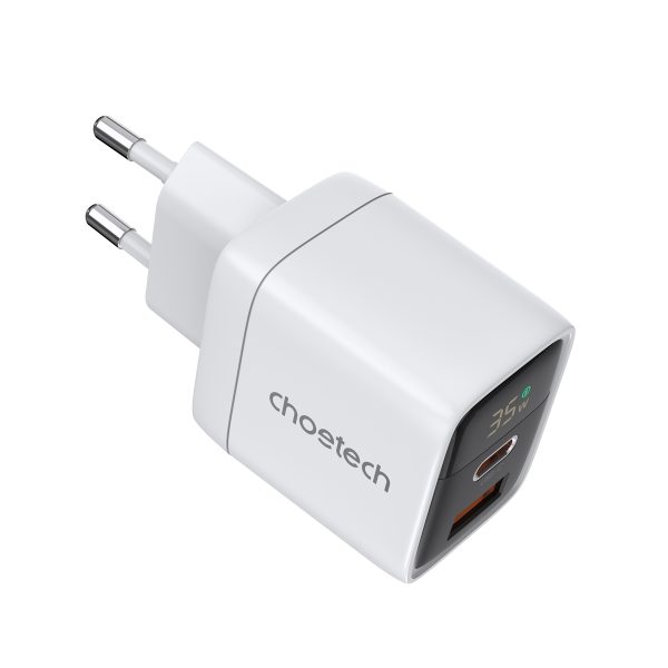 Maza spēcīga tīkla lādētājs Gan USB-A USB-C PD 35W ar baltu displeju