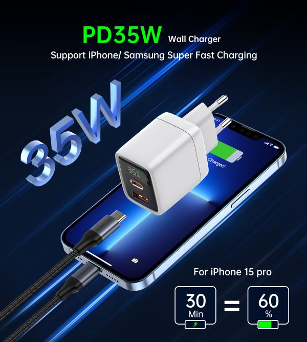 Maza spēcīga tīkla lādētājs Gan USB-A USB-C PD 35W ar baltu displeju