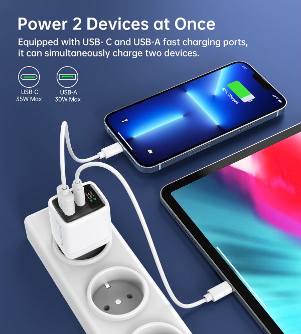Maza spēcīga tīkla lādētājs Gan USB-A USB-C PD 35W ar baltu displeju