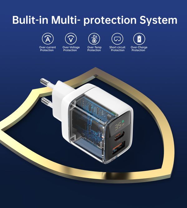 Maza spēcīga tīkla lādētājs Gan USB-A USB-C PD 35W ar baltu displeju
