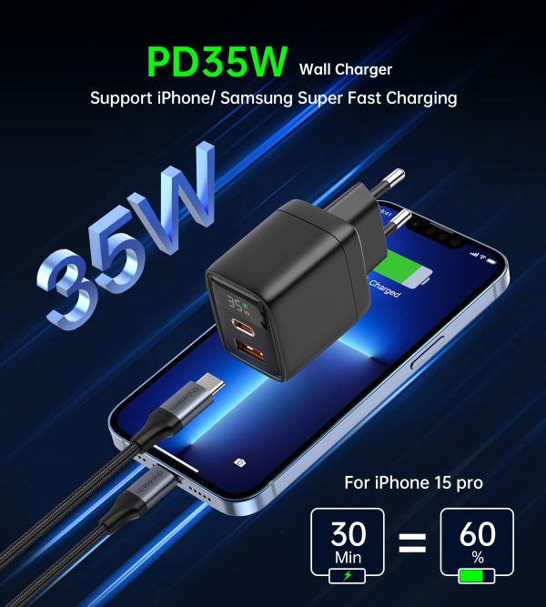 Maza spēcīga tīkla lādētājs Gan USB-A USB-C PD 35W ar melnu displeju