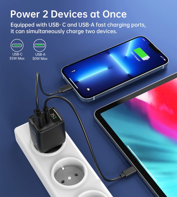 Maza spēcīga tīkla lādētājs Gan USB-A USB-C PD 35W ar melnu displeju