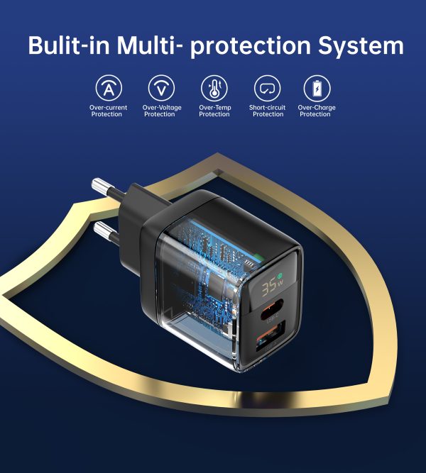 Maza spēcīga tīkla lādētājs Gan USB-A USB-C PD 35W ar melnu displeju