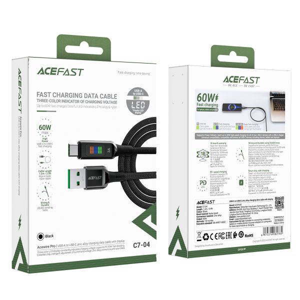 USB-A kabeļa Cable-USB-C 60W ar 1,2 m melnu displeju