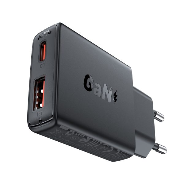 Mazs plakanā tīkla lādētājs GAN PD 30W USB-A USB-C Black