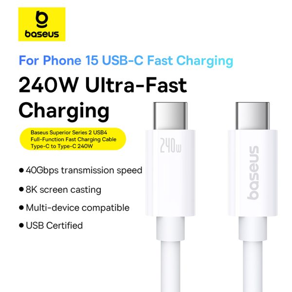 USB-C kabeļa kabelis-USB-C 240W PD 8K 60Hz 40 GB/s 1m balts