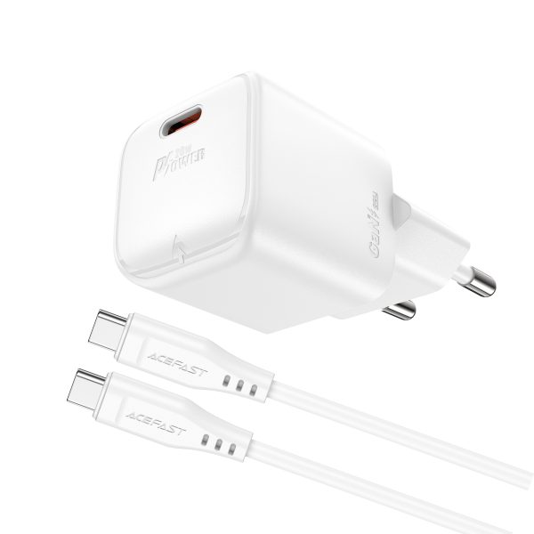 Mini PD 20W Gaan Minia lādētājs + USB-C baltais kabelis