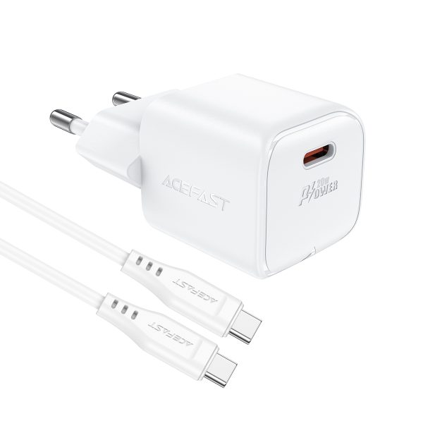 Mini PD 20W Gaan Minia lādētājs + USB-C baltais kabelis