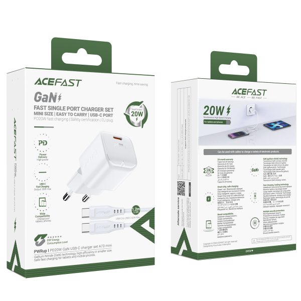 Mini PD 20W Gaan Minia lādētājs + USB-C baltais kabelis