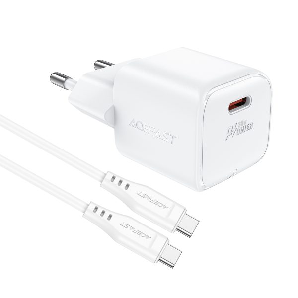 Mini tīkla lādētājs PD 30W GAN + USB-C baltais kabelis