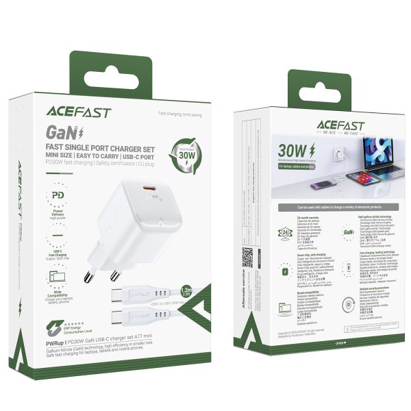 Mini tīkla lādētājs PD 30W GAN + USB-C baltais kabelis