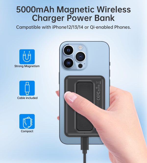 PowerBank 1000mah bezvadu magsafe USB-A USB-C funkcija Melnais stends