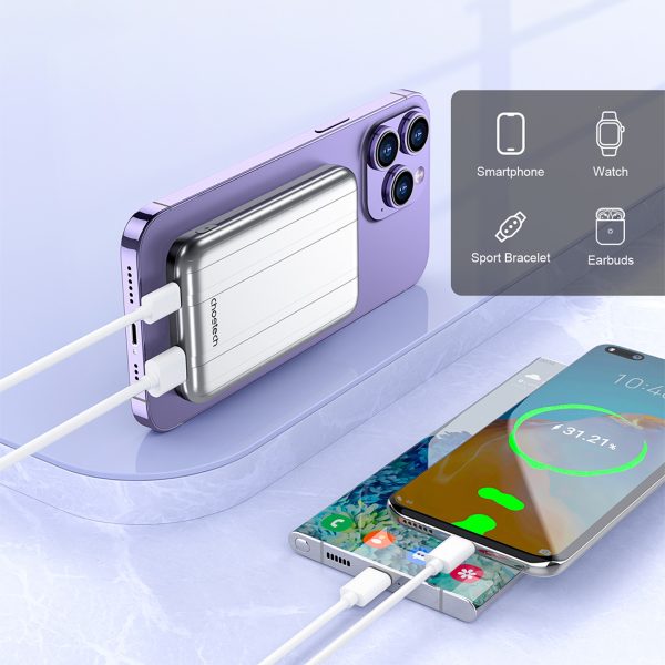 Neliela gaismas indukcija PowerBank 5000MAH MAGSAFE USB-A USB-C sudrabs