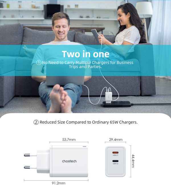 GAN 2X USB-C PD 65W PD lādētājs