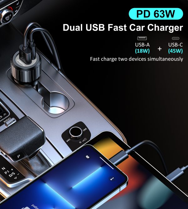 USB-C USB-C CE automašīnas lādētājs PD 63W Black