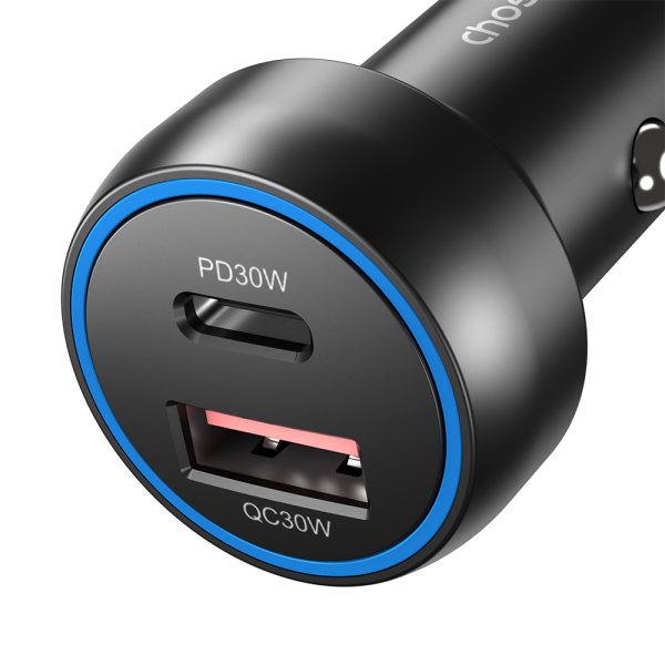 USB-C USB-A PD 60W automašīnas lādētājs ar LED fona apgaismojumu melnu