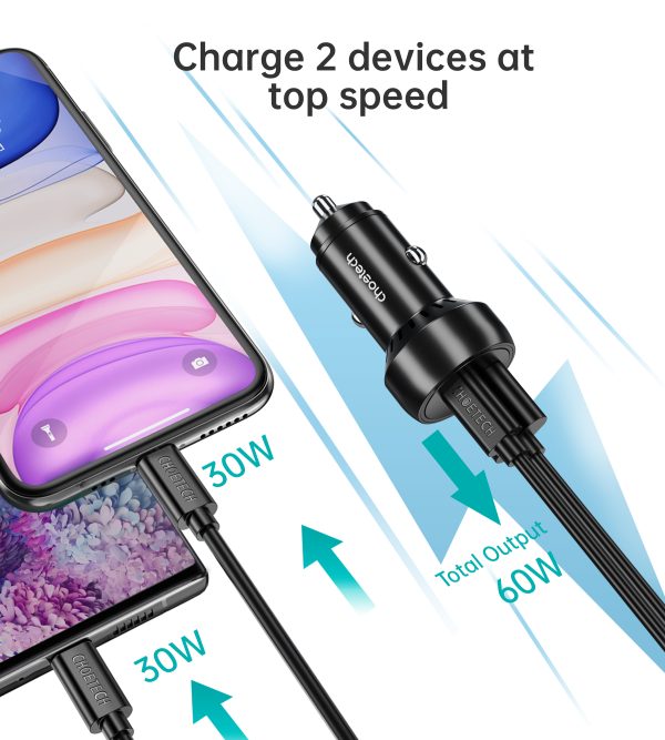 USB-C USB-A PD 60W automašīnas lādētājs ar LED fona apgaismojumu melnu