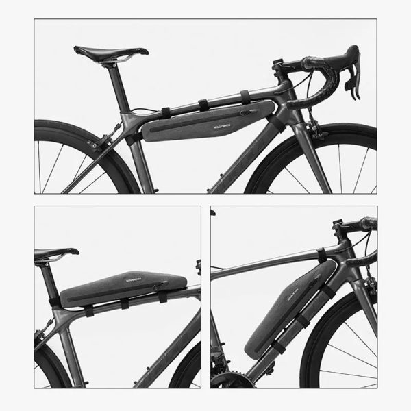 Garš stīvs ūdensnecaurlaidīgs velosipēdu maiss, kas piestiprināts pie 1,5L pelēkā rāmja