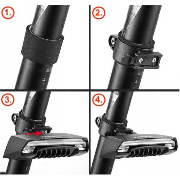 Aizmugurējais velosipēdu lukturis ar lāzera tālvadības pulti un USB-A virziena indikatoru funkciju