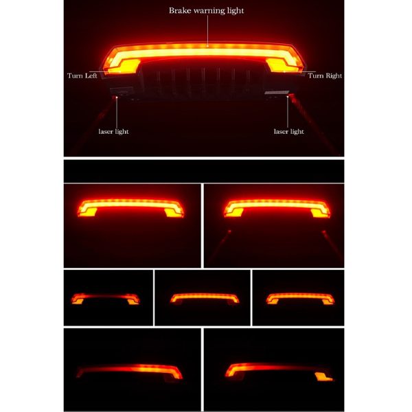 Aizmugurējais velosipēdu lukturis ar lāzera tālvadības pulti un USB-A virziena indikatoru funkciju