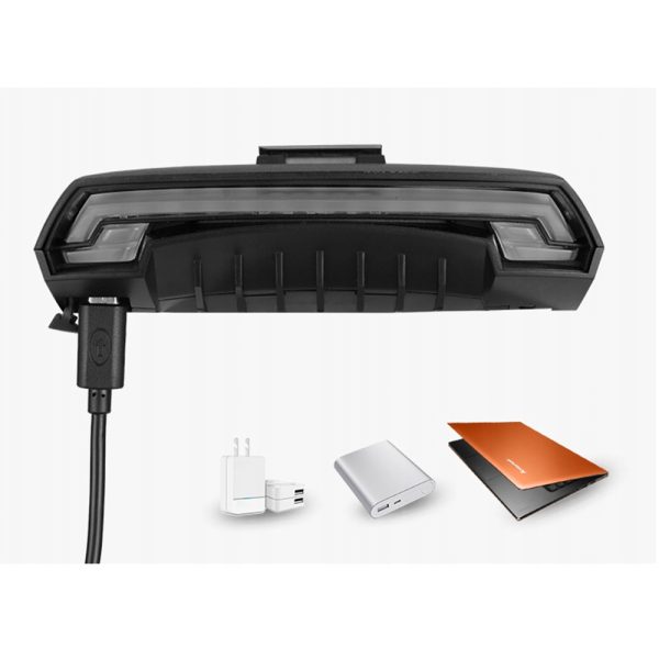 Aizmugurējais velosipēdu lukturis ar lāzera tālvadības pulti un USB-A virziena indikatoru funkciju