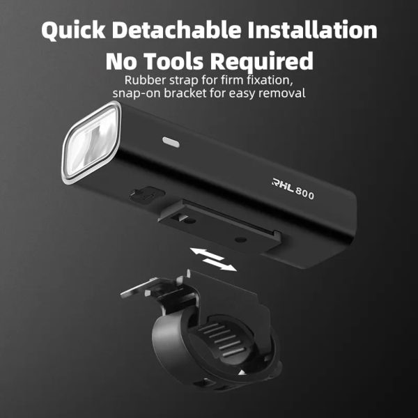 Priekšējais velosipēdu lampa 800lm + USB-C kabelis 4 Darbības režīmi