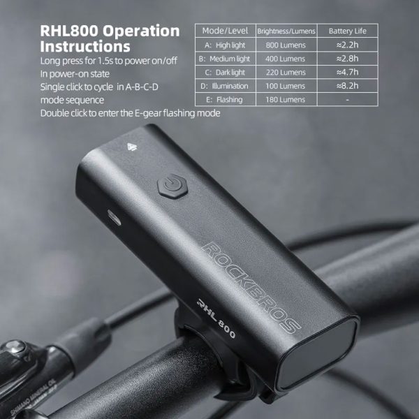 Priekšējais velosipēdu lampa 800lm + USB-C kabelis 4 Darbības režīmi