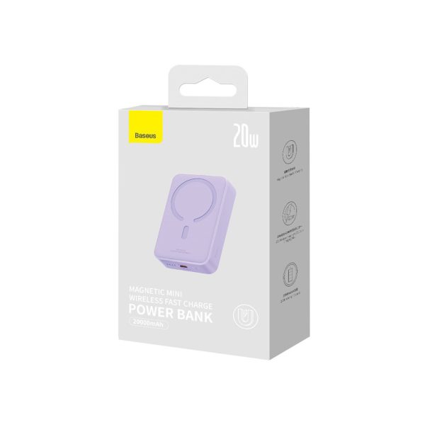 PowerBank Magnetic mini 20 000 mAh 20W + USB-C kabelis purpursarkanā krāsā