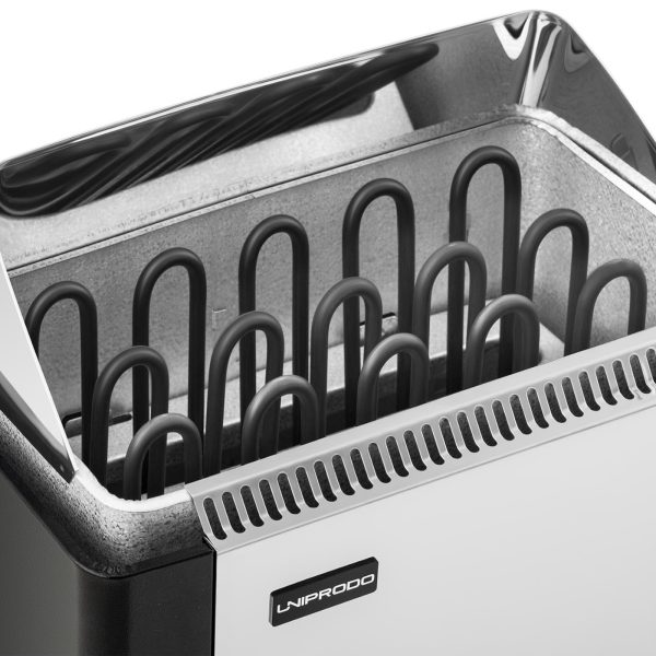 Elektriskā pirts krāsns ar iebūvētu vadību 8-12 M3 līdz 110C 400 V 8 KW sudraba-melns