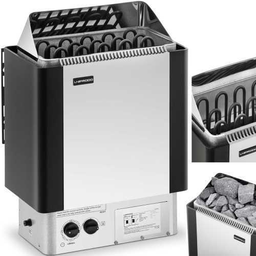 Elektriskā pirts krāsns ar iebūvētu vadību 8-12 M3 līdz 110C 400 V 8 KW sudraba-melns