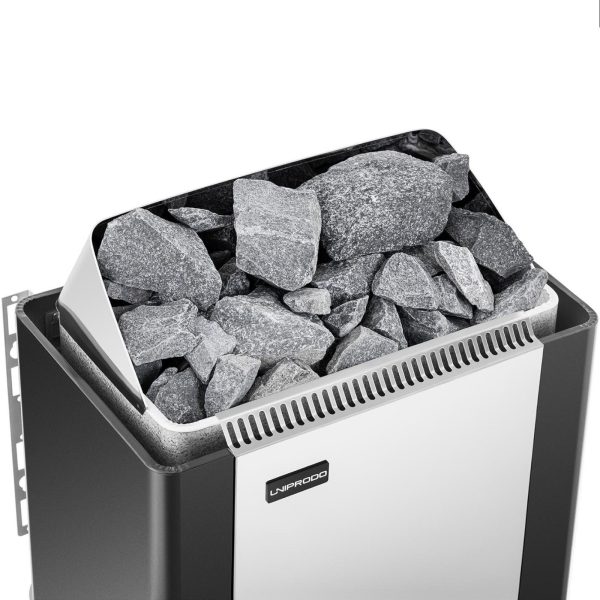 Elektriskā pirts krāsns ar iebūvētu vadību 9-13 M3 līdz 110C 400 V 9 KW sudraba-melns
