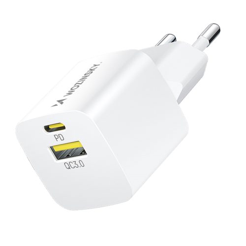 GAN QC3.0 USB-A USB-C PD 33W baltais lādētājs