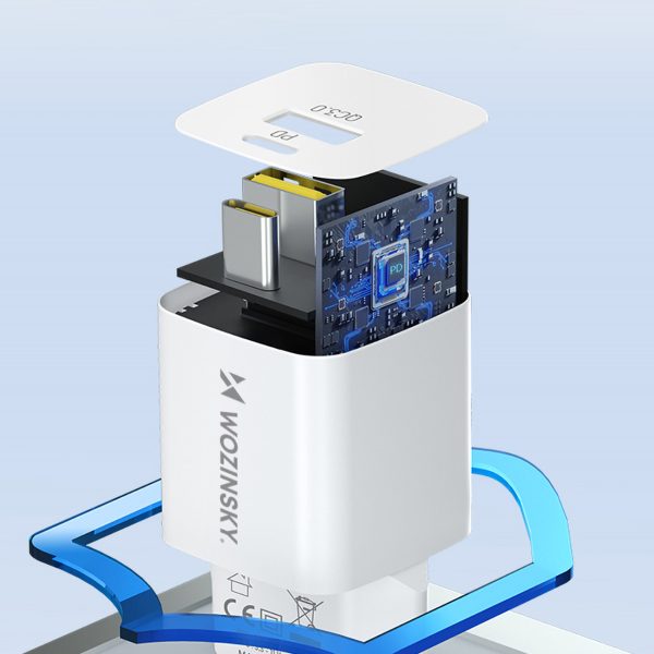 GAN QC3.0 USB-A USB-C PD 33W baltais lādētājs