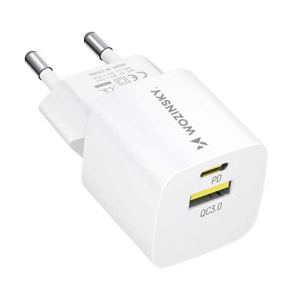 GAN QC3.0 USB-A USB-C PD 33W baltais lādētājs