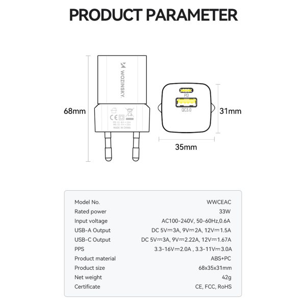 GAN QC3.0 USB-A USB-C PD 33W baltais lādētājs