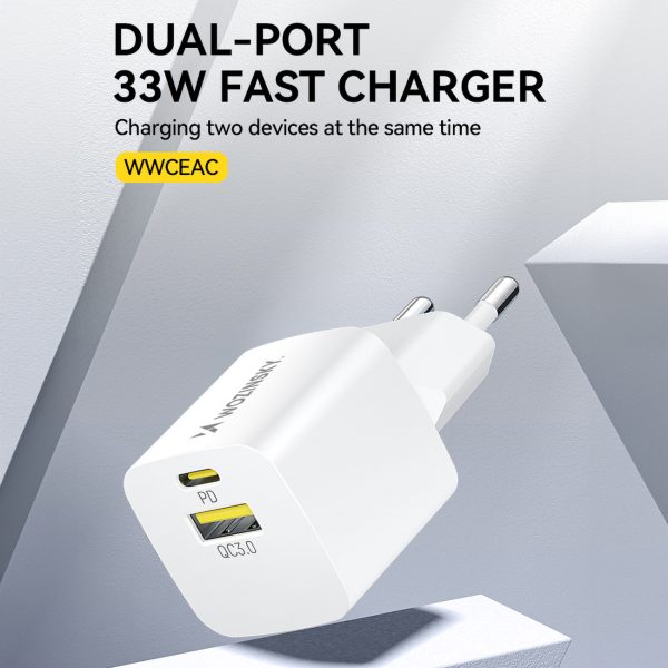 GAN QC3.0 USB-A USB-C PD 33W baltais lādētājs