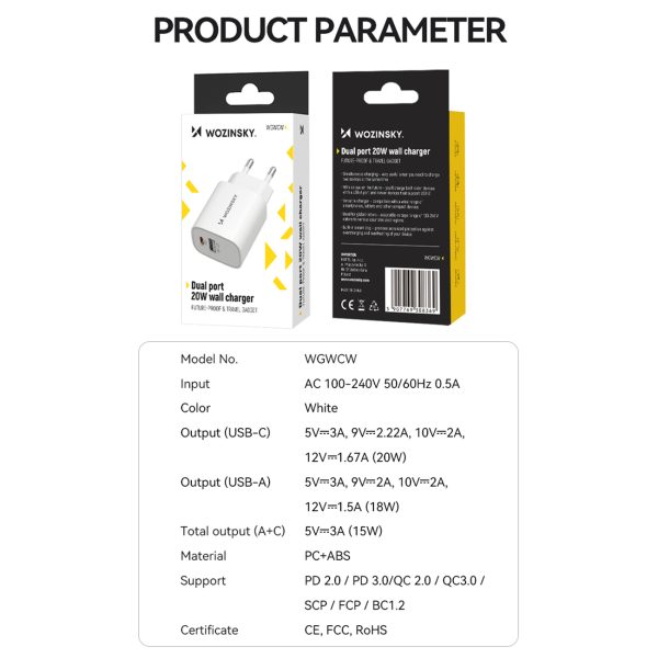20W USB-A USB-C 100-240V USB lādētājs