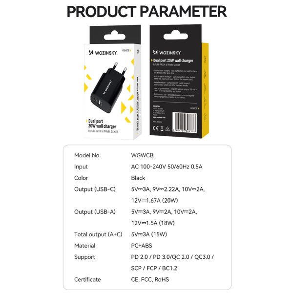 20W USB-A USB-C 100-240V lādētājs melns