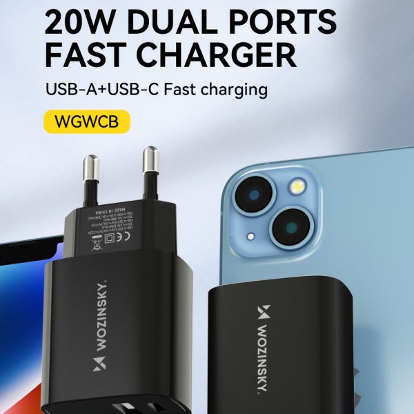 20W USB-A USB-C 100-240V lādētājs melns