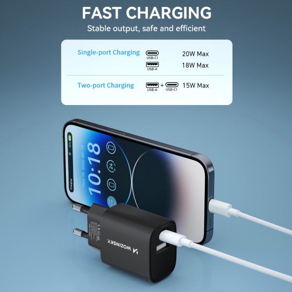 20W USB-A USB-C 100-240V lādētājs melns
