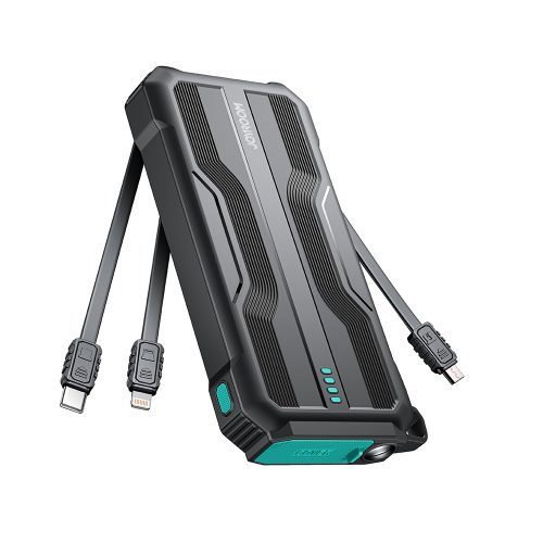Bruņotā PowerBank 1000mah āra ar USB -C microUSB zibens kabeļiem un lukturīti - melns