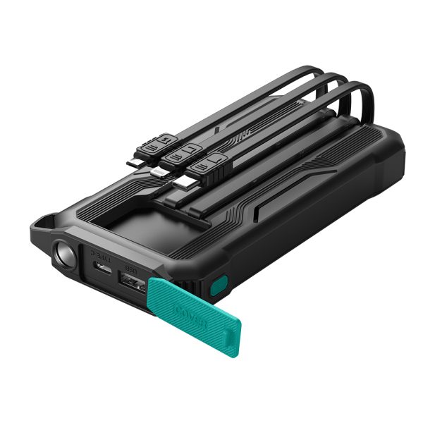 Bruņotā PowerBank 1000mah āra ar USB -C microUSB zibens kabeļiem un lukturīti - melns