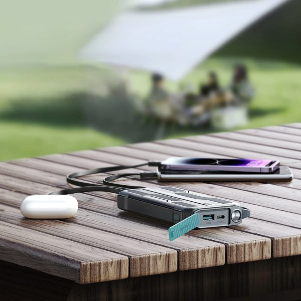 Bruņotā PowerBank 1000mah āra ar USB -C microUSB zibens kabeļiem un lukturīti - melns